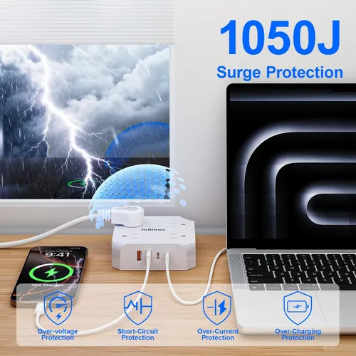 Vista 5 de Protección contra sobretensiones y regleta de enchufes, 8 tomas con 4 puertos USB (2 USB C), extensor de enchufes de 4 lados de 1050J con cable