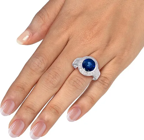 Vista 4 de 2 cttw Anillo de zafiro azul creado en latón con baño de rodio redondo 10 MM