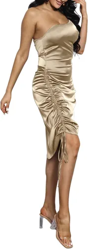 Vista 6 de Vestido de satén para mujer, con tirantes delgados, cordón, fruncido, cóctel, noche, fiesta, club nocturno