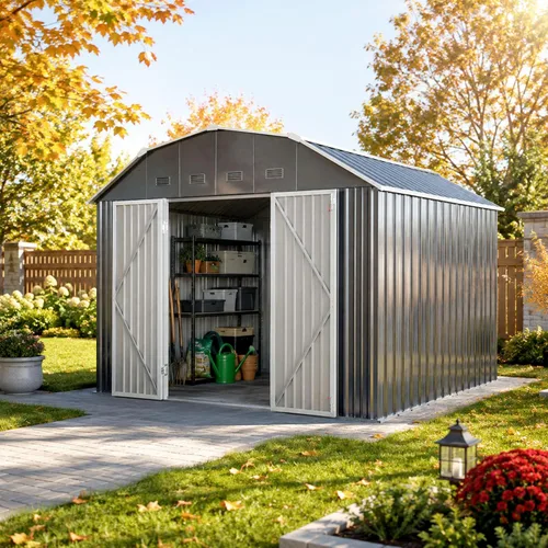 Vista 10 de Cobertizo de almacenamiento para exteriores de 6.23 x 4.3 pies con base de metal, puertas correderas y ventanas, protección solar, cobertizo de Gris
