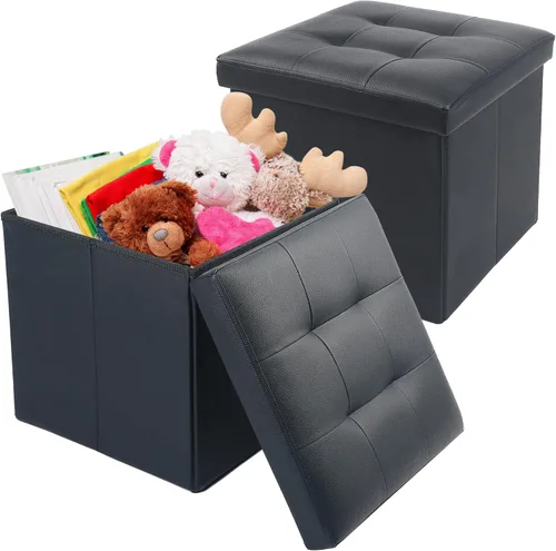 Vista 11 de LotFancy Otomana de almacenamiento, taburete plegable para reposapiés, banco pequeño de cuero de 13 x 12 x 12 pulgadas con almacenamiento, soporta