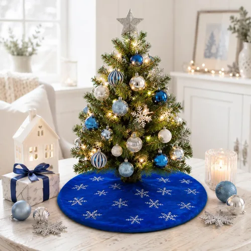 Vista 37 de Faldones de Felpa para Árbol de Navidad, 24 pulgadas, Lujosa Cubierta de Base de Árbol de Navidad de Piel Sintética Negra con Copos de Nieve Dorados