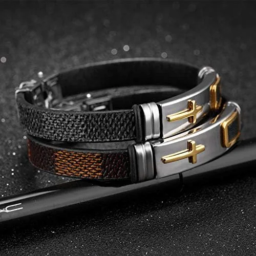 Vista 5 de StarLight Pulseras religiosas de cruz para hombre, acero inoxidable y cuero de silicona, para adolescentes, niños y hombres, Cuero de silicona,