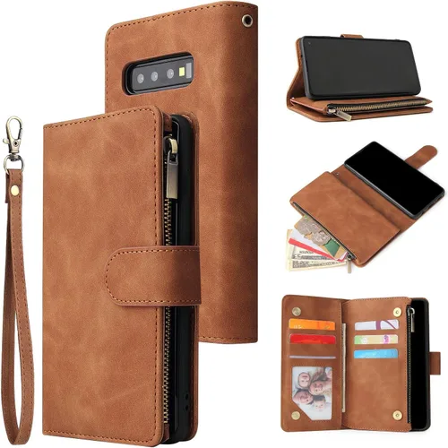 Vista 14 de UEEBAI Funda tipo cartera para Samsung Galaxy S10 Plus, Cartera de piel sintética con cierre magnético, funda de bolsillo con cremallera, ranuras