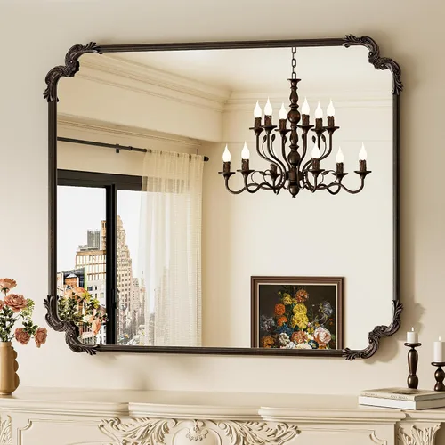 Vista 10 de Espejo rectangular negro barroco vintage para pared, 22 x 30 pulgadas, marco de desplazamiento antiguo, espejo de manto francés para chimenea, baño