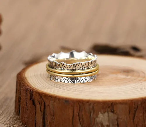 Vista 3 de Anillo giratorio de plata de ley 925, banda para la ansiedad, alivio de la presión, oxidación, joyería casual, regalos para mujeres, niñas, hombres