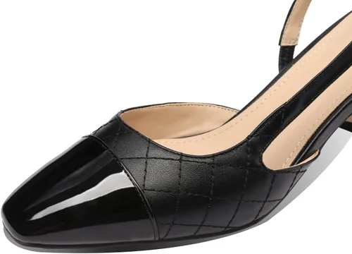 Vista 5 de Vaslemuse Tacones delgados para mujer, tacón bajo cerrado, punta redonda, tacones de bloque, tacones gruesos de dos tonos, sandalias de novia