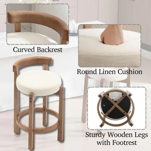 Vista 3 de LukeAlon Mid Century Linen Taburete Individual de Mostrador, Tapizado de 26.5" de Altura de Asiento, Taburetes Bajos con Patas de Madera Natural