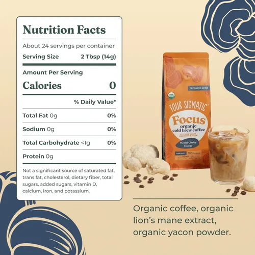 Vista 2 de Four Sigmatic Café Molido Orgánico para Preparación en Frío Tostado Oscuro, Molido Grueso con Melena de León y Chaga Café de Hongos