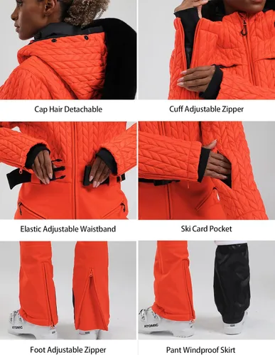 Vista 43 de GSOU SNOW Traje de esquí para mujer, traje de nieve delgado de una pieza, chaqueta de nieve, impermeable, resistente al viento, deportes al aire