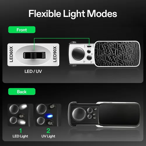 Vista 6 de VIVOSUN Lupa deslizante para joyería 30X 60X 90X con luz LED para ojos, luz UV para joyería, diamantes, gemas, monedas, sellos, rocas, negro