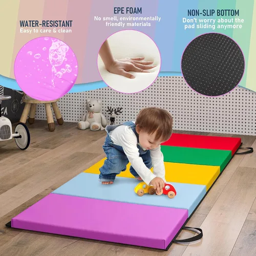 Vista 4 de Betterhood Gymnastics Mats for Tumbling Set of 2, 1.5" Thick Folding Exercise Mats w/Hook & Loop, Non-Slip Bottom & Carrying Handles, Rainbow