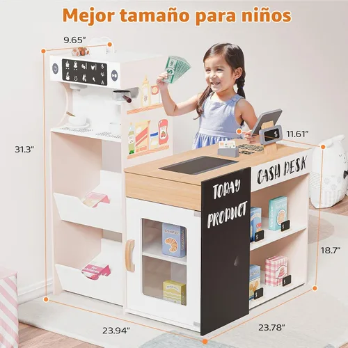 Vista 7 de JOYMOR Tienda de comestibles de juguete, juego interactivo de supermercado de madera con máquina de café expendedora, accesorios de venta y compra