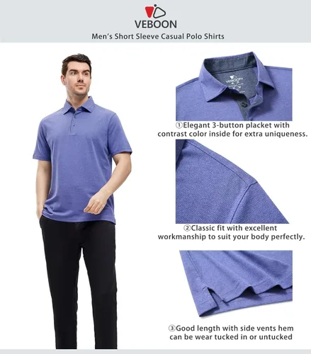 Vista 4 de VEBOON Men's Polo Shirts Long and Short Sleeve Cotton Blend Heather Moisture Wicking Casual Collared Shirts