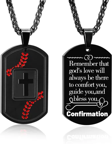 Vista 28 de Collar de cruz con versículo bíblico de béisbol, acero inoxidable, dije de cruz en tono negro/dorado/plateado, regalos religiosos, joyería deportiva