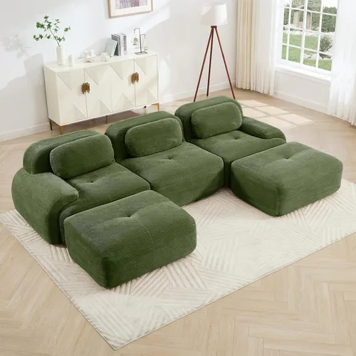 Vista 77 de Sofá moderno comprimido sin armazón de 116", sofás seccionales de 3 plazas para sala de estar, sofá seccional modular de pana verde nube, espuma