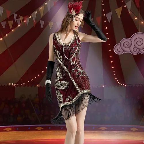 Vista 7 de Vestido flapper de los años 20, cuello en V, lentejuelas y flecos, disfraces de los años 20 para mujer, vestido vintage Art Deco con accesorios