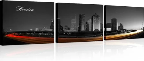 Vista 52 de 3 paneles de Atlanta Skyline vista de la ciudad en blanco y negro, imágenes panorámicas de edificio de ciudad, decoración de pared para sala