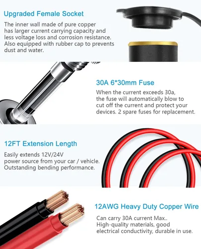 Vista 3 de ALITOVE Cable de extensión para encendedor de cigarrillos de 12 AWG, 12 pies, 30 A, 360 W, máximo, cable de alimentación resistente, enchufe macho a