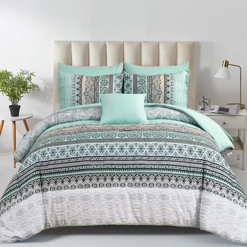 Vista 39 de Cottolester - Juego de edredón bohemio de tamaño matrimonial, 8 piezas, ropa de cama de microfibra suave en una bolsa, rayada y de color aguamarina