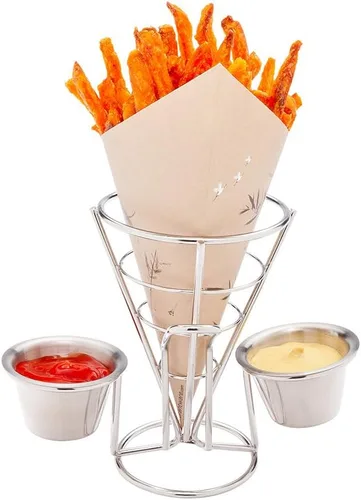 Vista 6 de Restaurantware Soporte para papas fritas de 4 x 5 pulgadas, 1 soporte para freír – con 2 soportes para salsas, soporte de cono de acero inoxidable