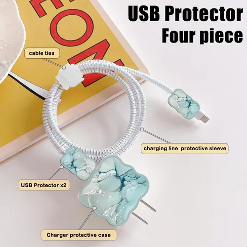Vista 2 de Lindos protectores de cable para cargador de iPhone, diseño de mármol lujoso, cable de datos, cargador USB, línea de datos, protector de cable