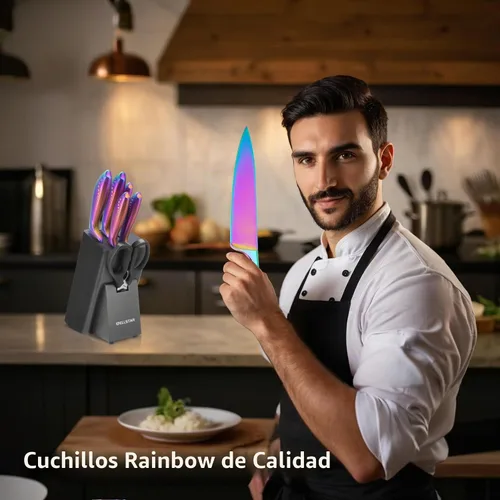 Vista 8 de WELLSTAR Juego de cuchillos arcoíris de 8 piezas, juego de cuchillos de cocina de acero inoxidable alemán iridescente con bloque de madera Juego