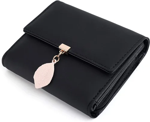 Vista 164 de UTO - Cartera pequeña RFID de piel sintética con dije de hoja, cierre de cremallera y tarjetero.