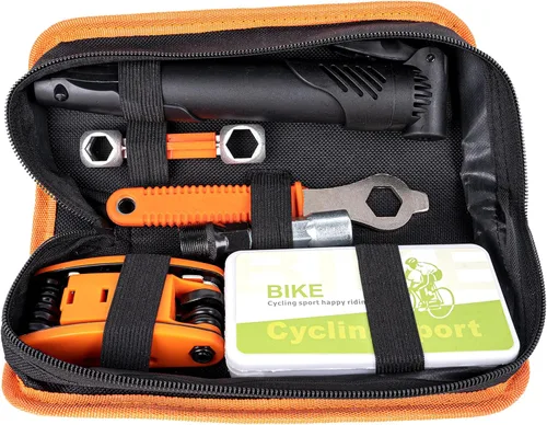 Vista 2 de Kit de reparación de neumáticos de bicicleta con bomba, kit de parche de tubo de bicicleta con múltiples herramientas, palancas de neumáticos