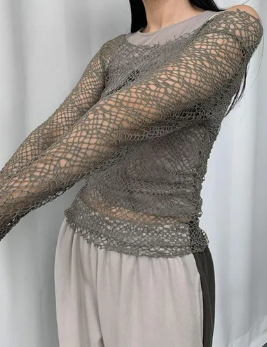Vista 5 de Yeenily Camiseta de punto de ganchillo para mujer con malla de manga larga transparente