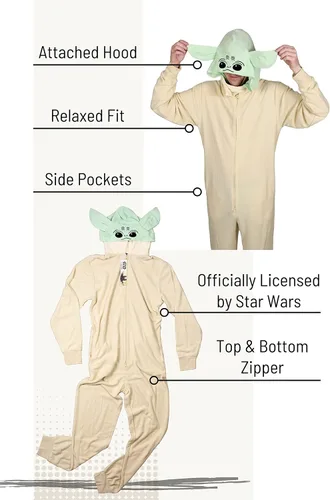 Vista 3 de STAR WARS Mandalorian The Child Cosplay Baby Yoda Grogu - Conjunto de pijama de una pieza con capucha para hombre adulto