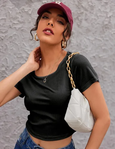 Vista 4 de Ekouaer Conjunto de pijama de 2 piezas para mujer, de manga corta, de punto acanalado, pantalones de pierna ancha, tallas S-XXL