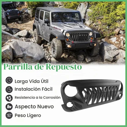 Vista 5 de Rejilla de tiburón para Jeep Wrangler JK JKU Rubicon Sahara Sport 07-18 Parrilla delantera negra mate para Jeep Wrangler 2007-2018
