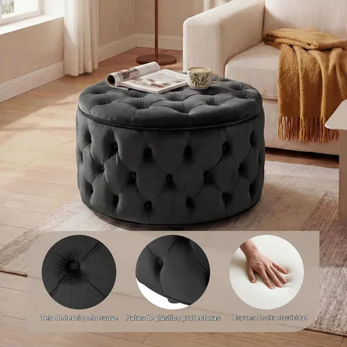 Vista 7 de Homebeez Otomana de Almacenamiento Redonda de Terciopelo de 28 Pulgadas, Taburete Reposapiés con Capitoné de Botones Mesa de Centro para Sala