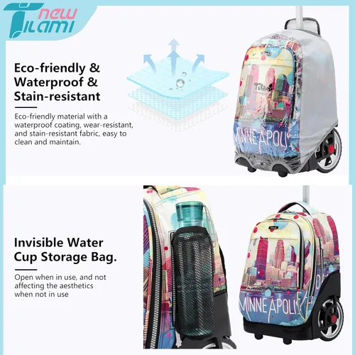Vista 52 de NEW TILAMI Mochila con ruedas de 19 pulgadas con bolsa de almuerzo para niñas y niños, mochila para laptop con ruedas, bolsa de mano duradera