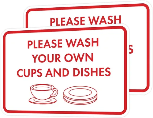 Vista 52 de Letrero clásico enmarcado con texto en inglés «Please Wash Your Own Cups and Dishes» (negro)