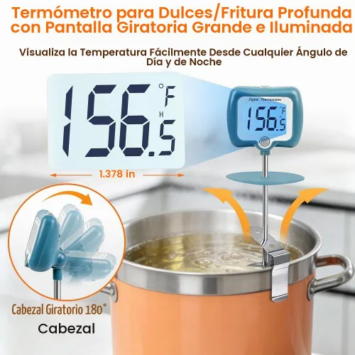 Vista 3 de Termómetro de caramelo para hacer dulces con pantalla grande giratoria de 10 pulgadas de sonda de largo, termómetro digital de lectura instantánea