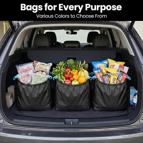 Vista 6 de Handy Sandy Paquete de 3 bolsas de compras reutilizables, bolsas resistentes para carrito de comestibles con clip universal, bolsas plegables