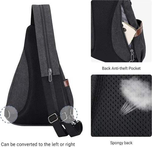 Vista 5 de WITZMAN Bolso bandolera de lona para hombres y mujeres, mochila convertible cruzada, estilo vintage, bolsa de pecho de viaje casual (A8003, negro)