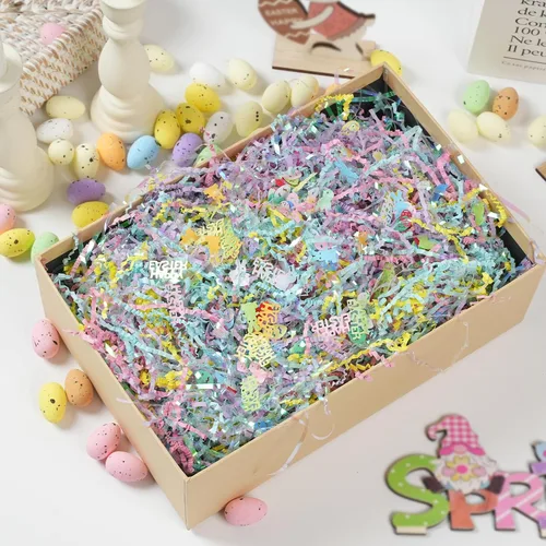 Vista 5 de CIPOWM Pasto de Pascua de Rafia Papel Triturado de Corte Rizado, Relleno de Papel Triturado de Rafia Multicolor Iridescente con Hierba Triturada
