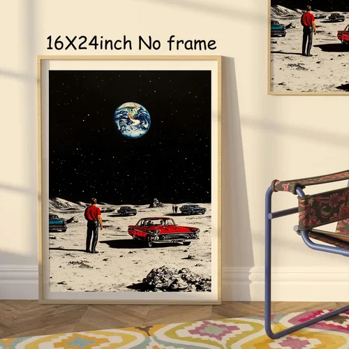 Vista 4 de Arte de pared de la Tierra desde la luna, póster de viaje espacial de la luna, impresión en lienzo de astronomía vintage, imágenes de astronomía