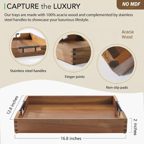 Vista 3 de Joy&Grace Bandeja otomana para sala de estar, bandeja grande de madera de acacia con asas para mesa de café, desayuno en la cama, cena de comida
