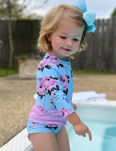 Vista 3 de UNICOMIDEA Traje de baño de manga larga con volantes UPF 50+ de una pieza para niñas de 3 a 24 meses