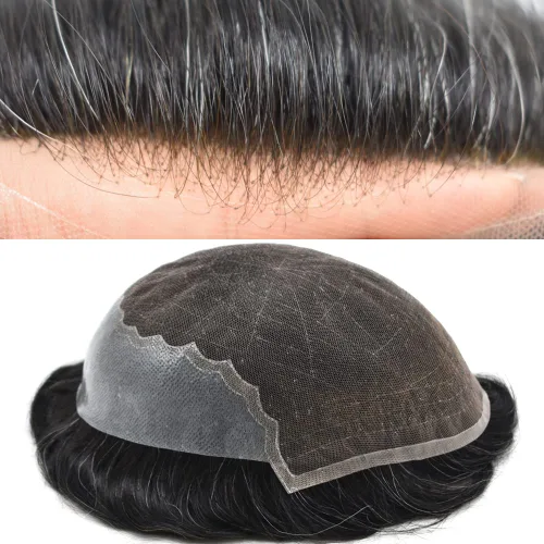 Vista 48 de Toupee para hombres, sistema de reemplazo de cabello humano Remy, nudos blanqueados, encaje frontal, piel fina, para hombre, color gris, pelucas