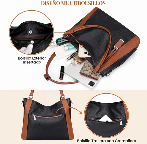 Vista 4 de Over Earth Genuine Leather Purses for Women Soft Large Crossbody Hobo Bags 02-negro/marrón