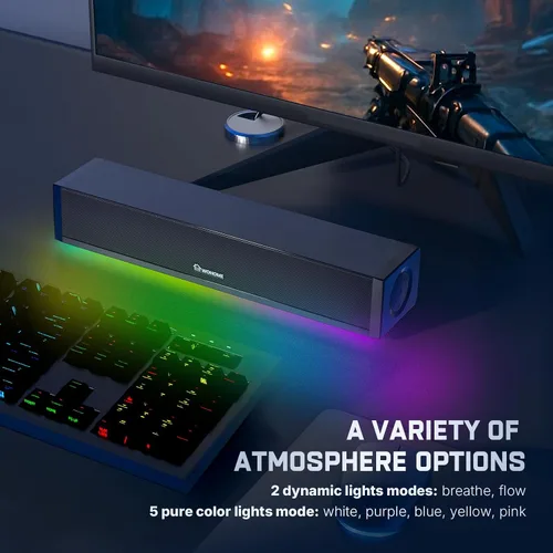 Vista 5 de Altavoces de computadora 2.1 para PC de escritorio, barra de sonido de computadora Bluetooth 5.3 con sonido de alta fidelidad, 7 modos de luz RGB