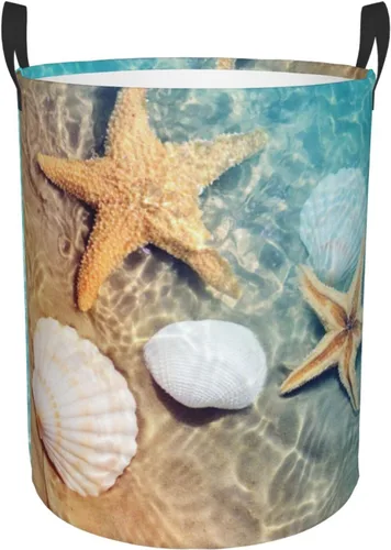 Vista 18 de Cesta de lavandería con diseño de estrellas de mar y flores, impermeable, plegable, con asa duradera, cesta de almacenamiento de ropa sucia redonda