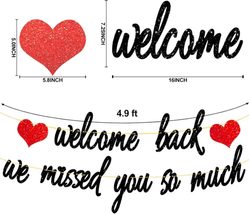 Vista 4 de Decoraciones de bienvenida, pancarta con purpurina con texto en inglés "We Missed You So Much", decoración patriótica de bienvenida a casa, militar