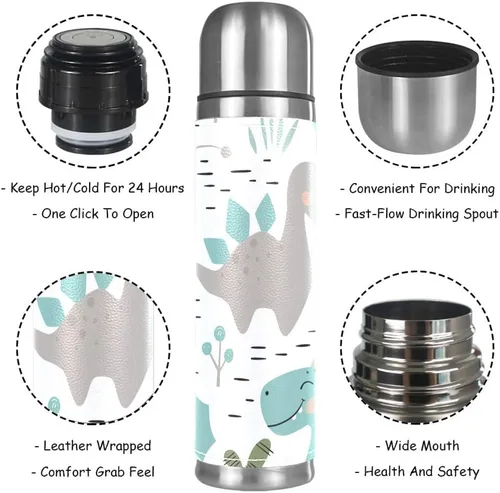 Vista 3 de Taza de acero inoxidable con aislamiento al vacío, de cuero, con diseño de dinosaurio, botella de agua para bebidas frías y calientes, para niños