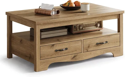 Vista 9 de LINSY HOME Mesa de centro de granja con almacenamiento, mesa de centro de madera para sala de estar, área de exhibición abierta y cajones